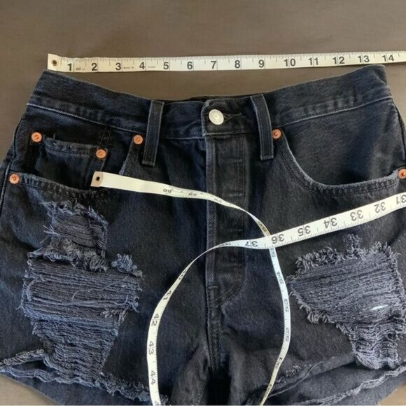 LEVI’S 501 High Waisted Button Fly Distressed Raw Hem Denim Shorts Black 28 - Picture 11 of 16